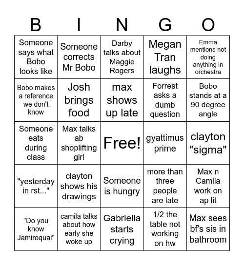 Mr Bobo's class Bingo Card