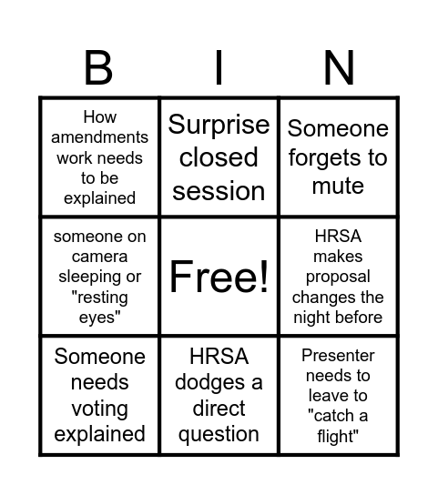 Board Meeting Bingo Card