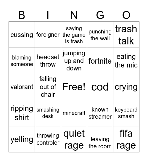 gamer rage Bingo Card