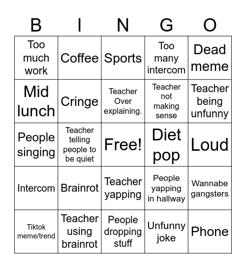 School Bingo Card