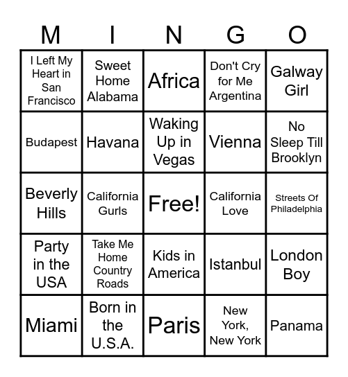 Destinations Bingo Card