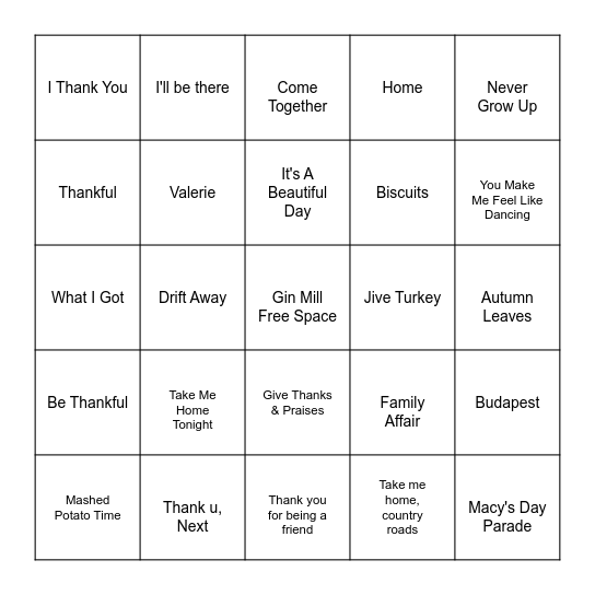 Happy Turkey Day Bingo Card