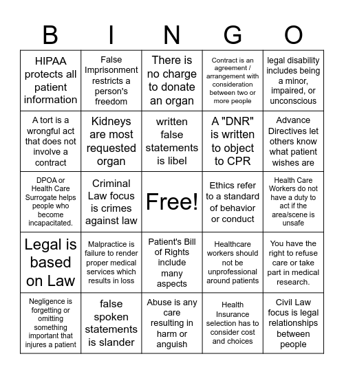 Legal & Ethics Bingo Card