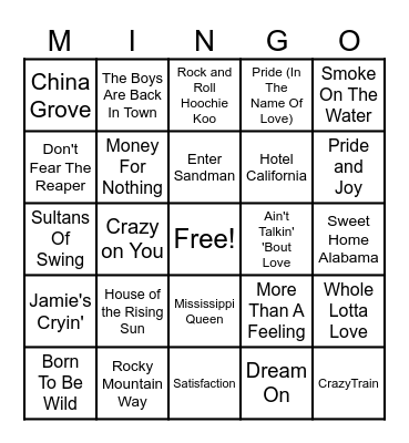 Guitar Anthems Bingo Card