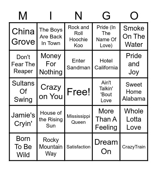 Guitar Anthems Bingo Card