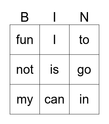 Sight Words Bingo Card