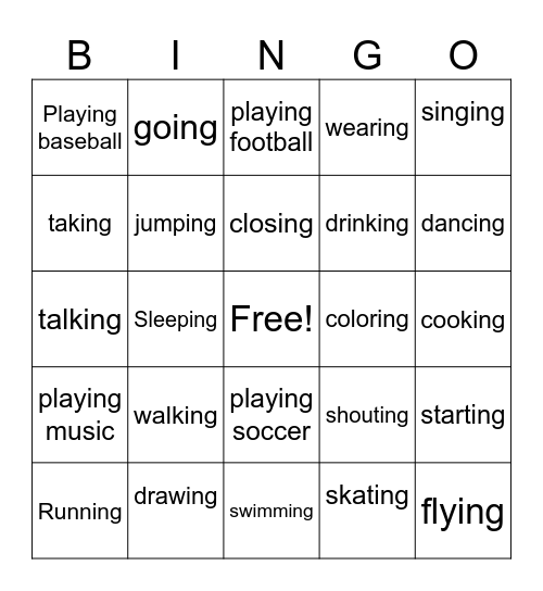 Present Continuous -ing verbs Bingo Card