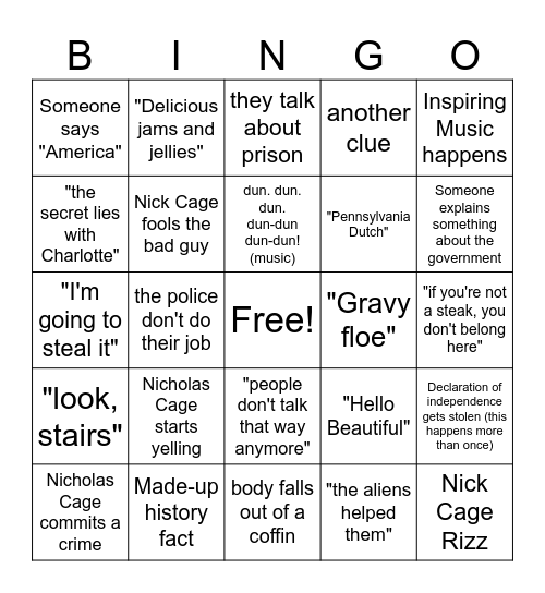 National Treasure Bingo Card