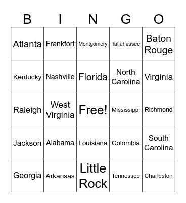 Southeast States and Capitals Bingo Card