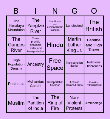 Asia History and Geography Bingo Card