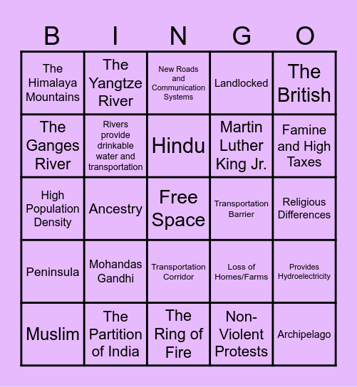 Asia History and Geography Bingo Card