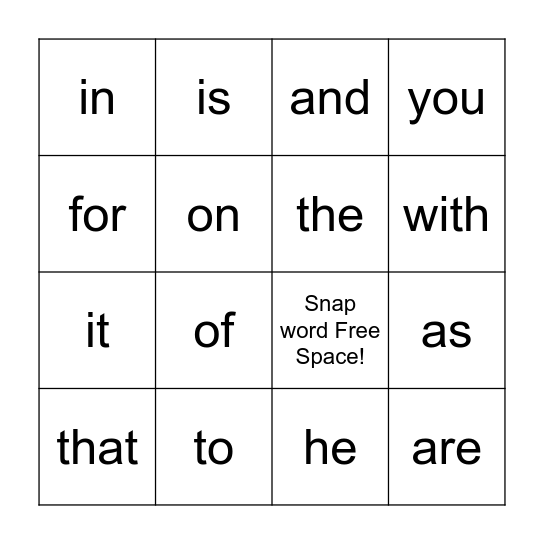 Snap Words Bingo Card