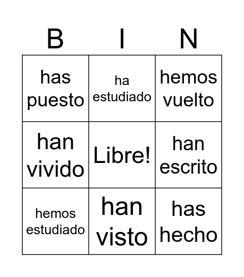 Presente Perfecto Bingo Card