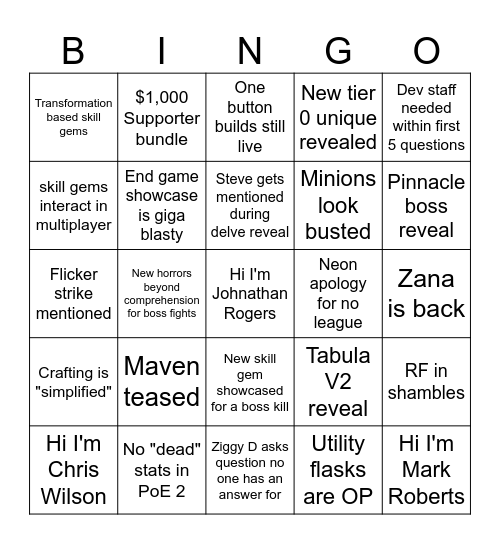 PoE 2 Beta Stream Bingo Card