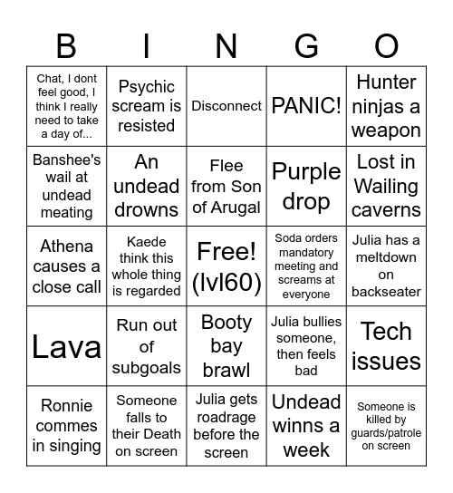 Juliakins hardcore subathon Bingo Card