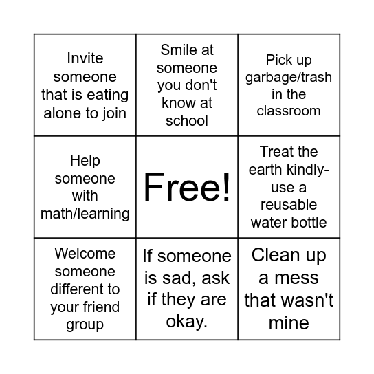 3rd Grade Kindness Bingo Card