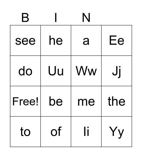 K/1 letter and heart word review Bingo Card
