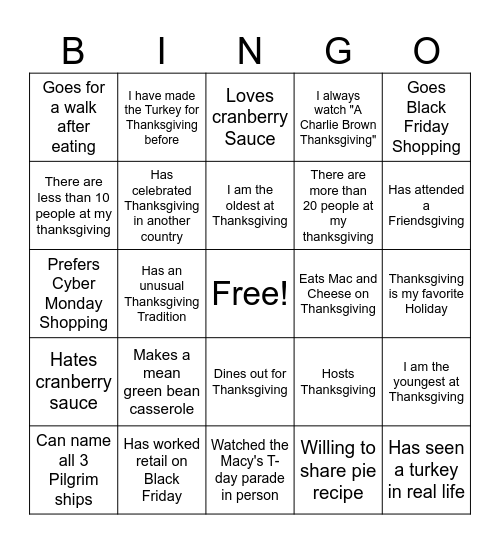 Thanksgiving Bingo Card