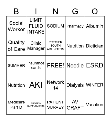 Dialysis Bingo Card