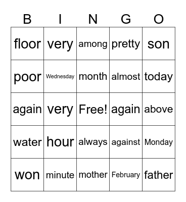 4th Grade Bingo Card