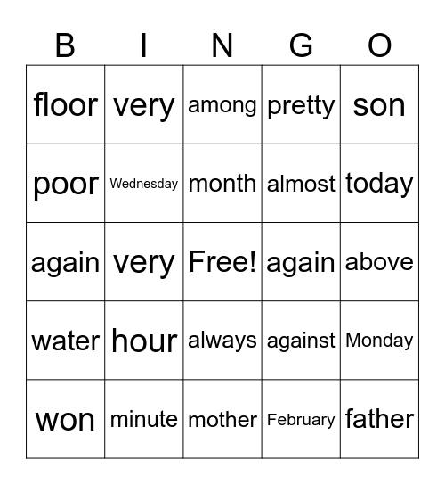 4th Grade Bingo Card