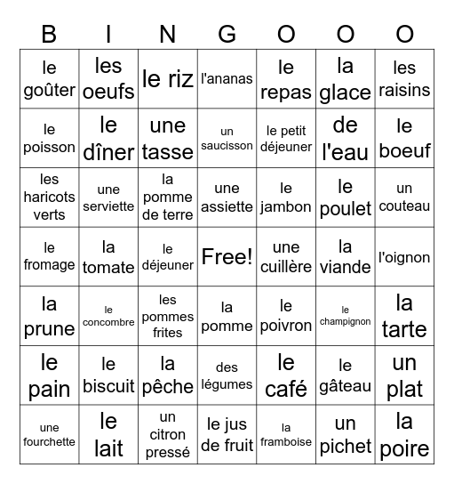 Des aliments français... Bingo Card