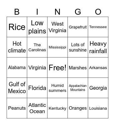Southeast Region Bingo Card