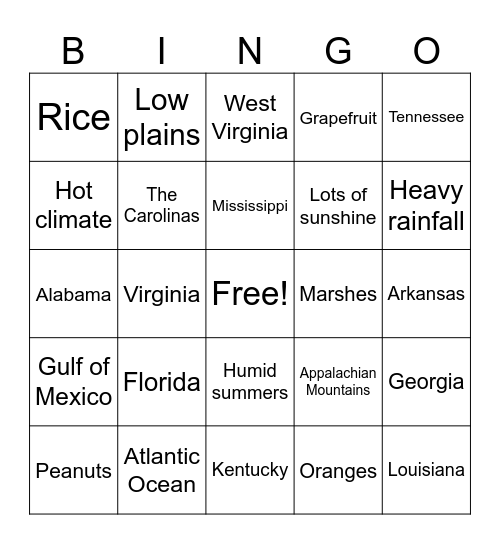 Southeast Region Bingo Card