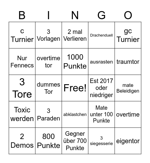 Rocket League Bingo Card