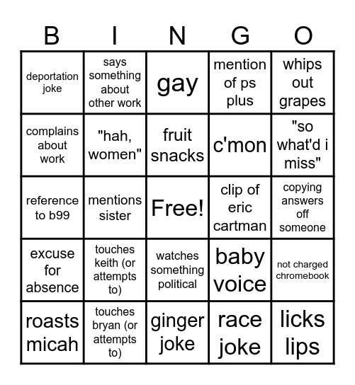 Jonah Bingo Card