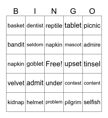 VC/CV non twin consonant syllables Bingo Card