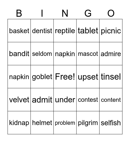 VC/CV non twin consonant syllables Bingo Card