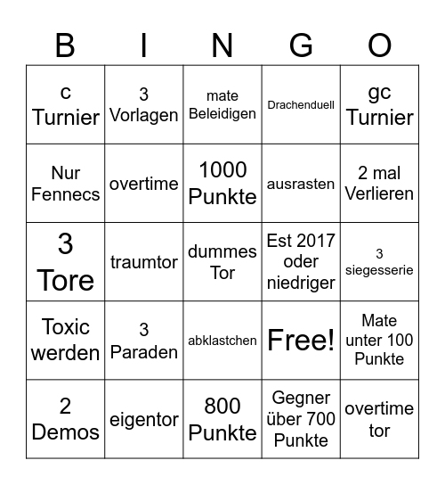 Rocket League Bingo Card