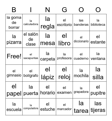 los materiales escolares Bingo Card
