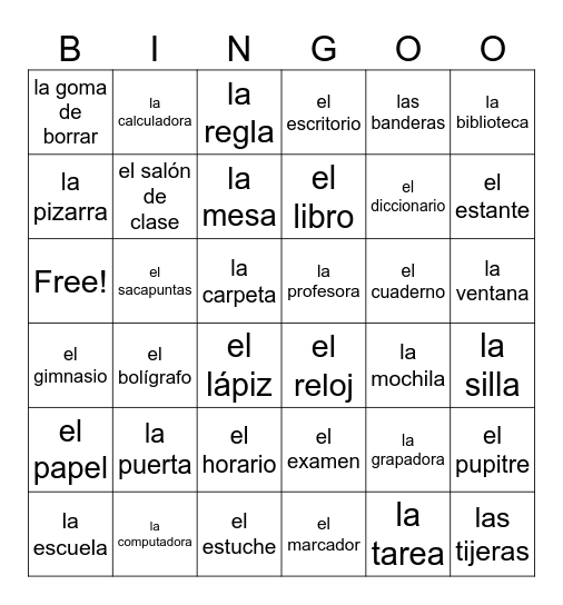 los materiales escolares Bingo Card