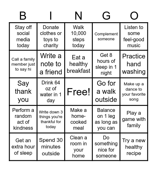Staff Wellness Bingo Card