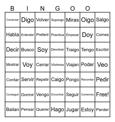 verbs Bingo Card