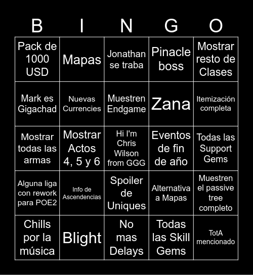 PoE2 Bingo Card