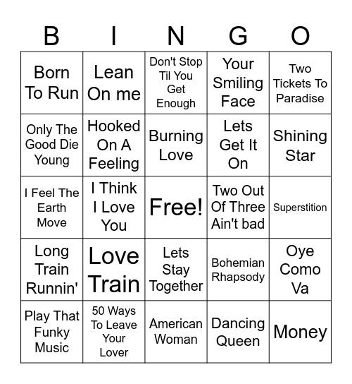 70s Hits Bingo Card