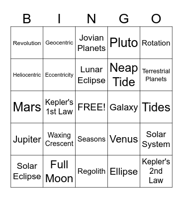 Astronomy Bingo Card