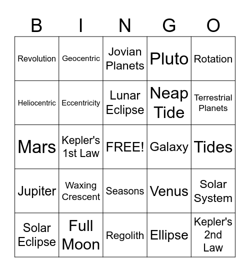 Astronomy Bingo Card