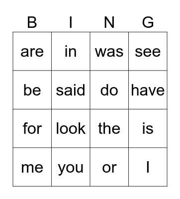 sight words Bingo Card