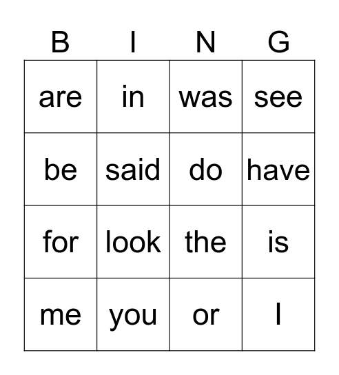 sight words Bingo Card