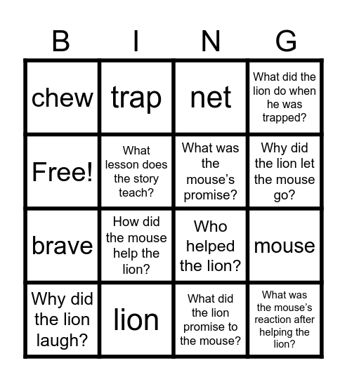 Folktale #3: The lion and the mouse Bingo Card