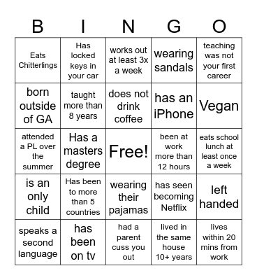 Teacher Icebreaker Bingo Card