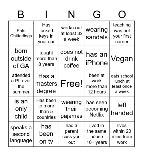 Teacher Icebreaker Bingo Card