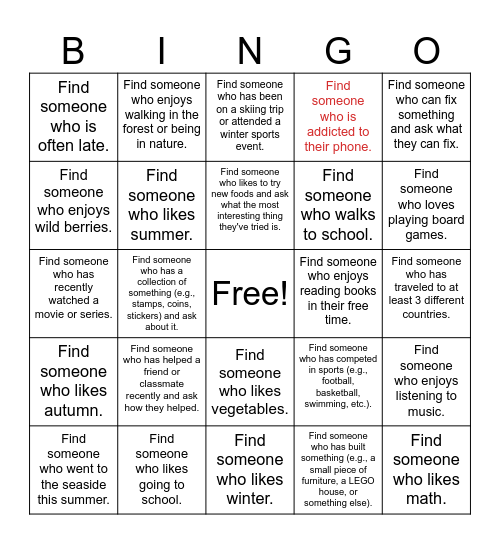 Let's get to know each other Bingo Card