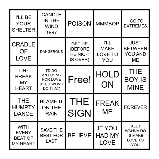 HOTTEST HITS 90'S Bingo Card