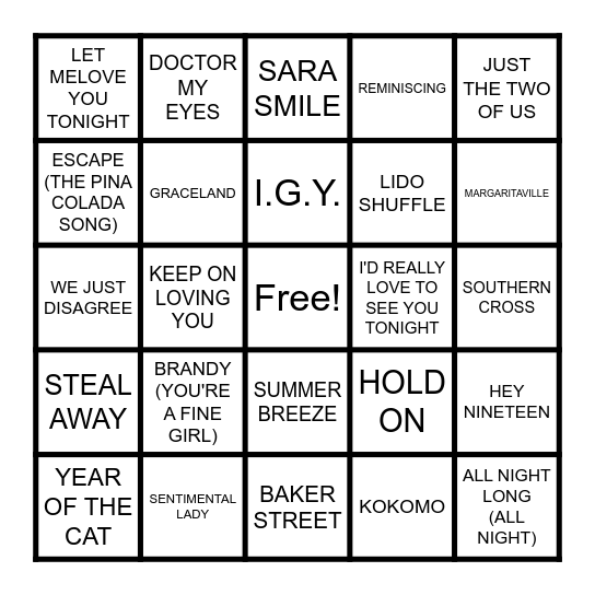 YACHT ROCK PT 2 Bingo Card