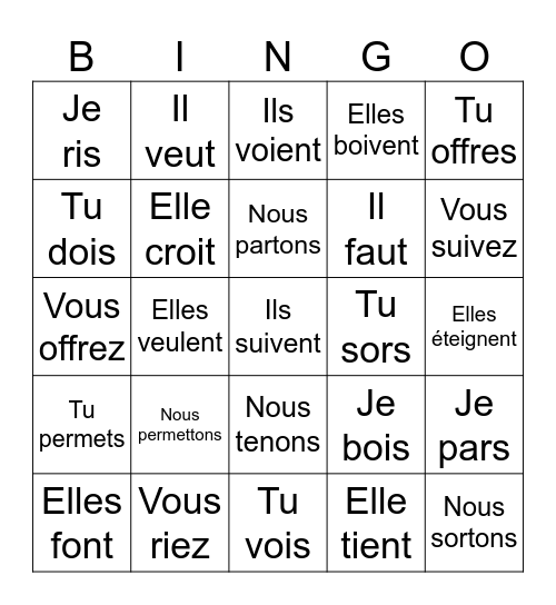 Les verbes irréguliers 1 - Présent Bingo Card